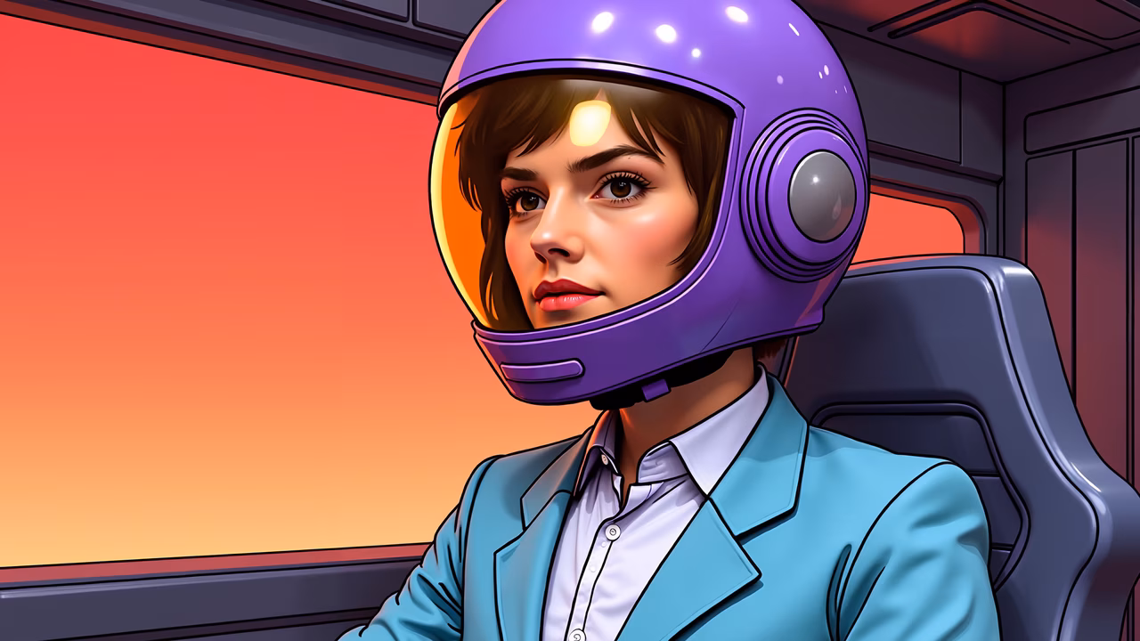 Futuristic journey in a sleek spacecraft with a serious woman in a purple helmet.