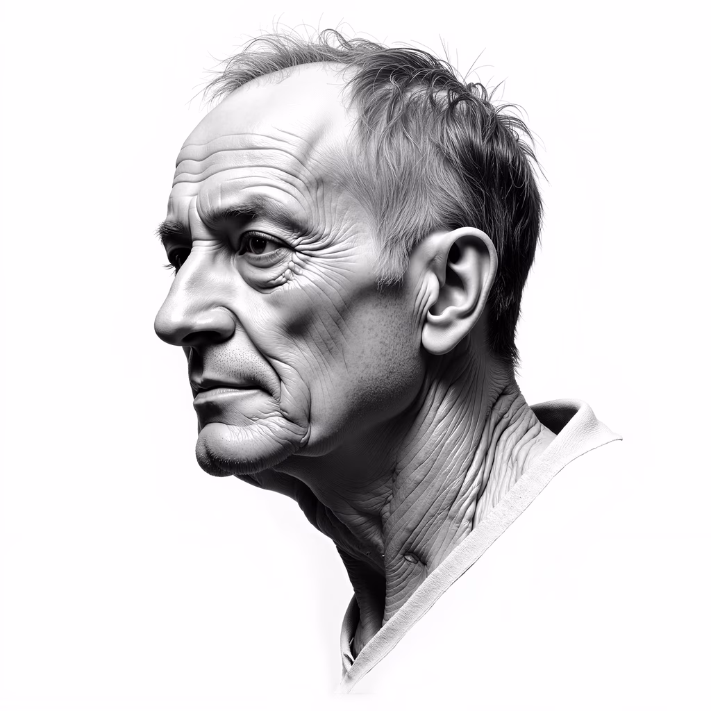 A detailed black-and-white portrait focusing on facial textures and subtle expressions.