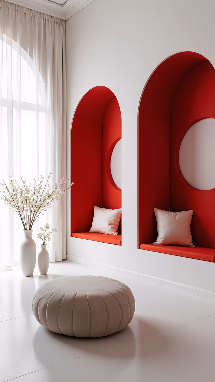 Modern interior with red arch seating and natural light.