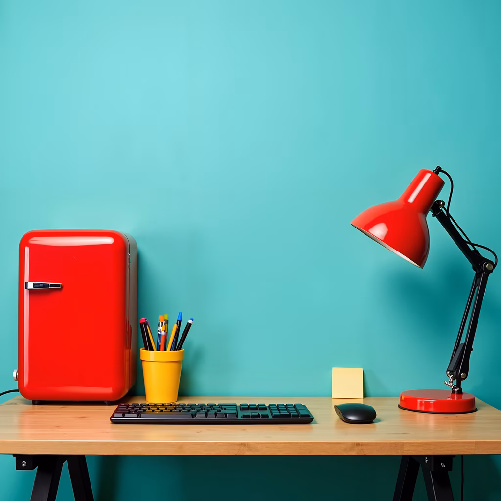 Bright and creative workspace setup with red and yellow accents.