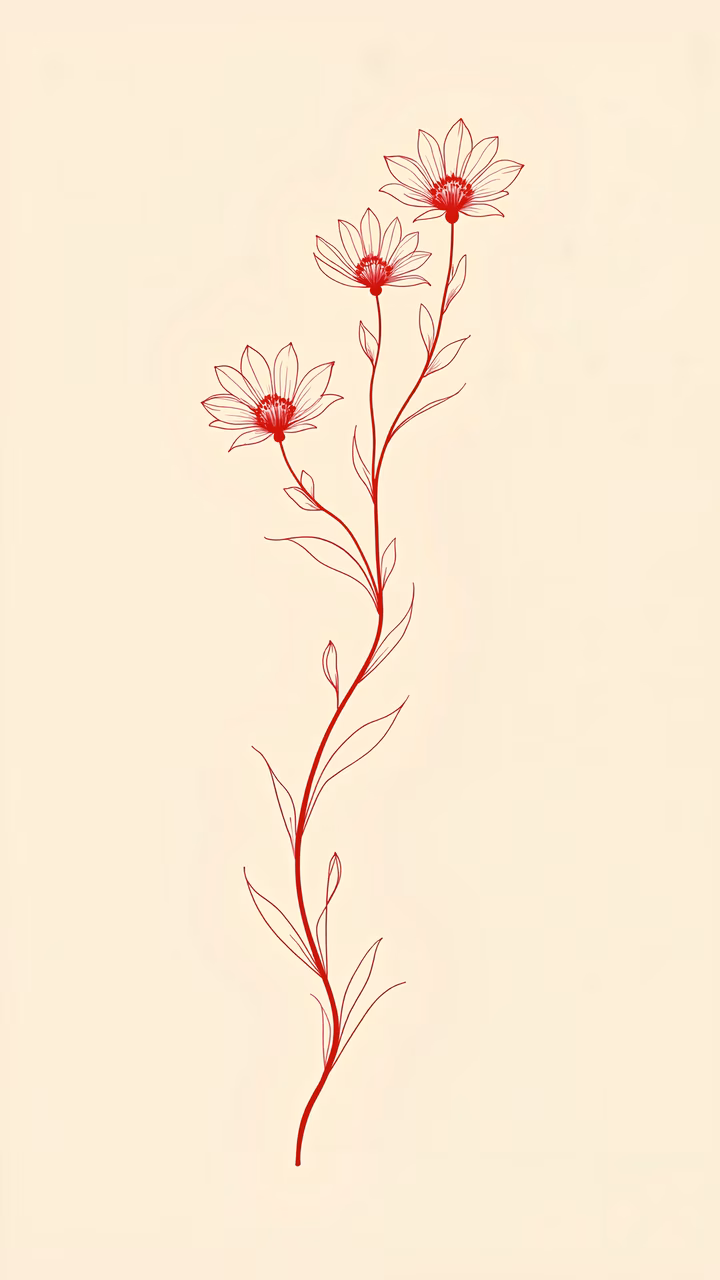 Minimalist red floral sketch with intricate petal details and elegant stems.