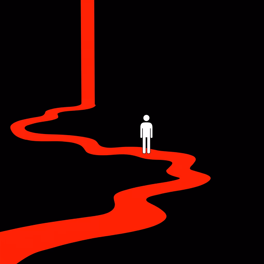 Minimalist journey through a winding red path on a black background.