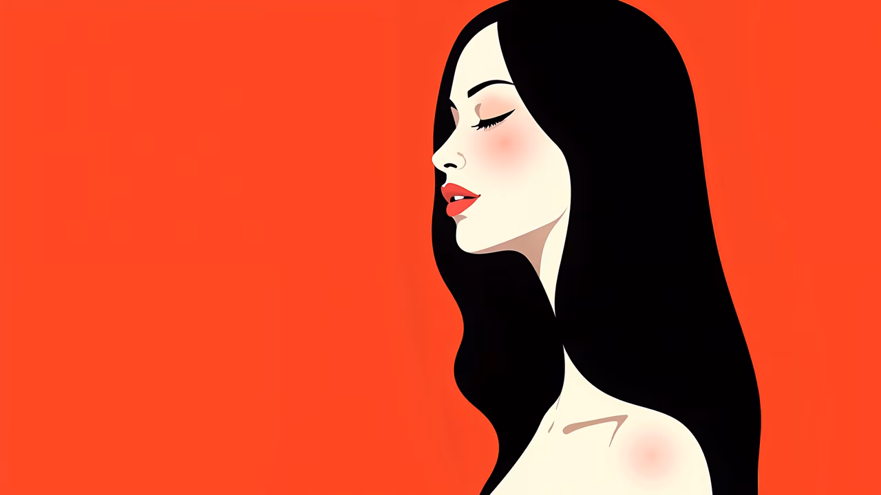 Minimalist side profile of a woman with long black hair against a vibrant red background.