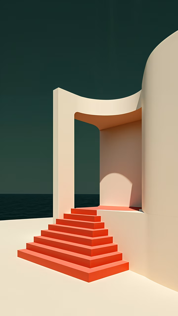 Minimalist red staircase leading to a tranquil ocean view.