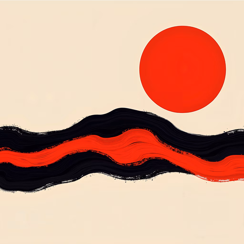 Bold red sun and dynamic waves create a passionate abstract artwork.