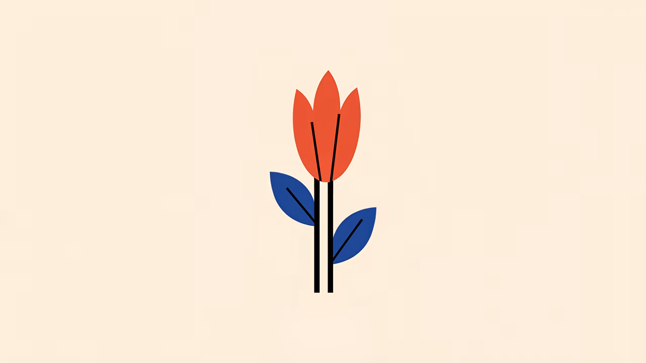 Minimalist red tulip illustration with blue leaves on beige background.