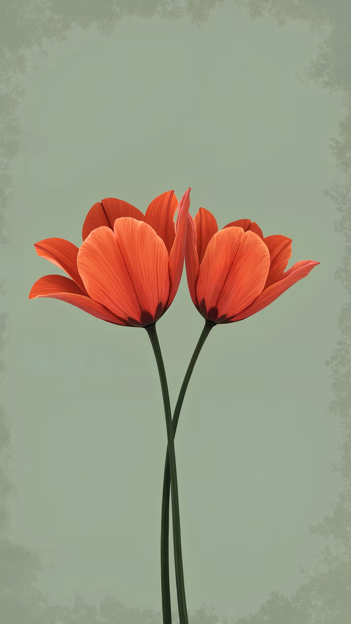 Vibrant red tulips on a muted green background with tree silhouettes.