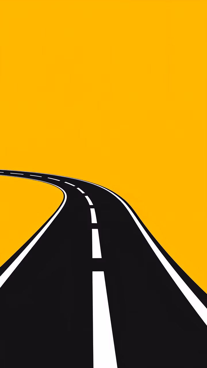 Minimalist road illustration with vibrant yellow background, evoking freedom and exploration.