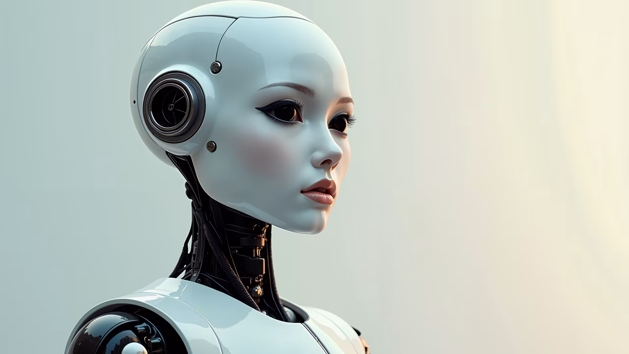 A sleek, futuristic humanoid robot with a smooth, white head and a circular sensor-like eye, set against a soft gradient background.