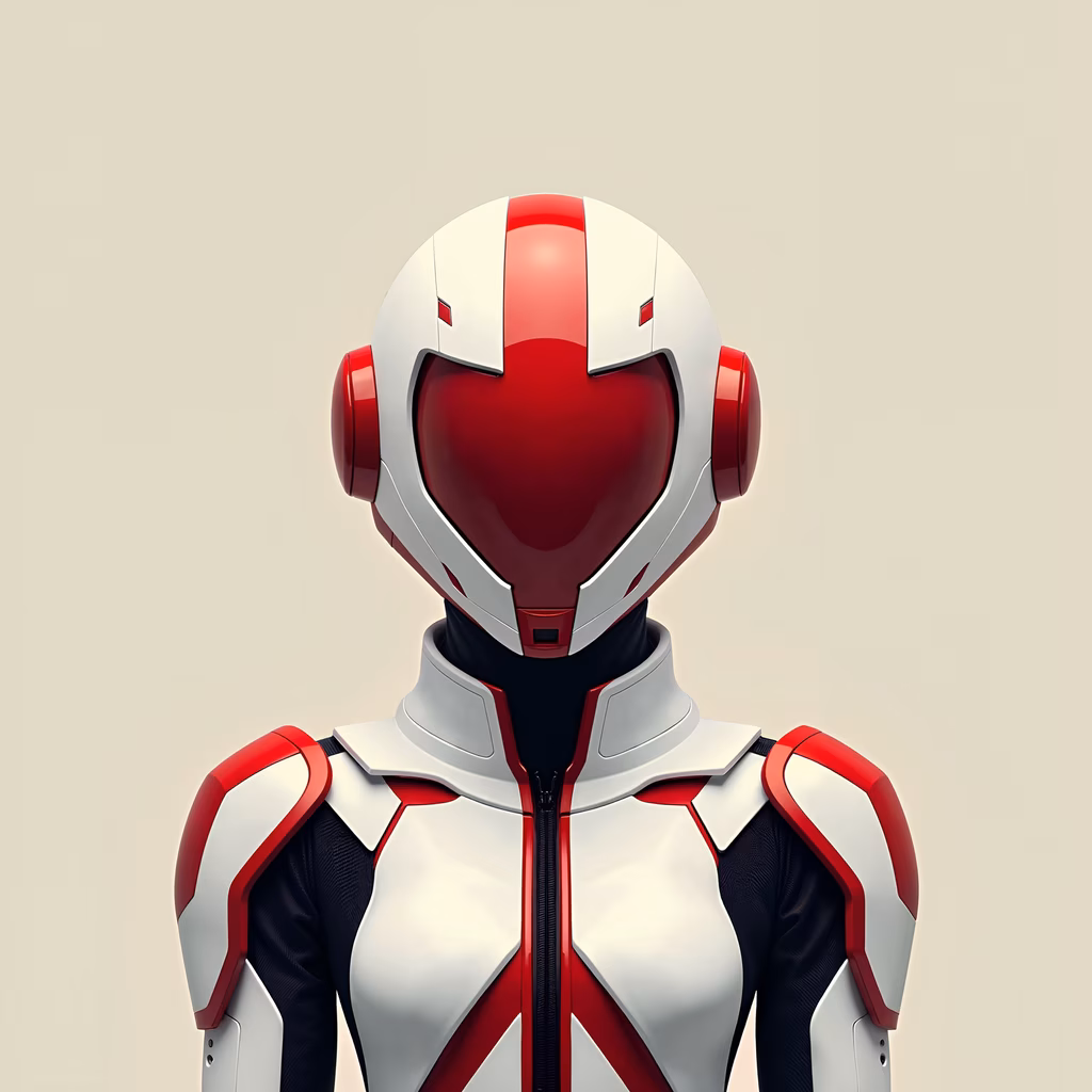 Futuristic robotic warrior in white and red armor, high-tech design, sci-fi theme.