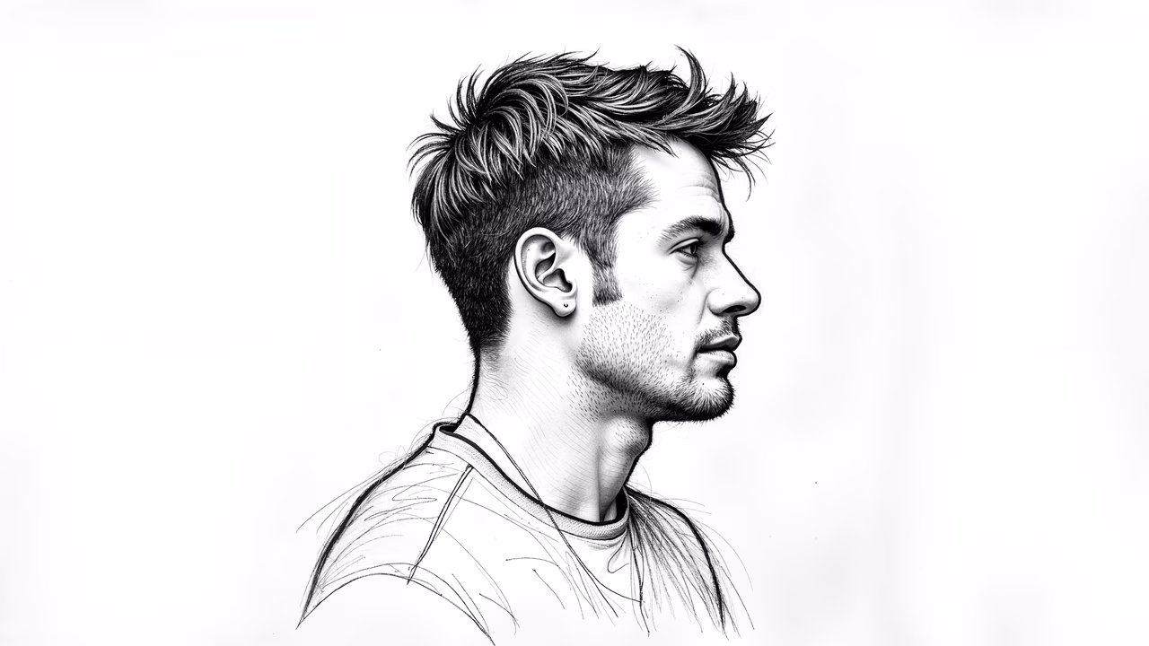 Detailed pencil sketch of a side profile with spiky hair and casual attire.