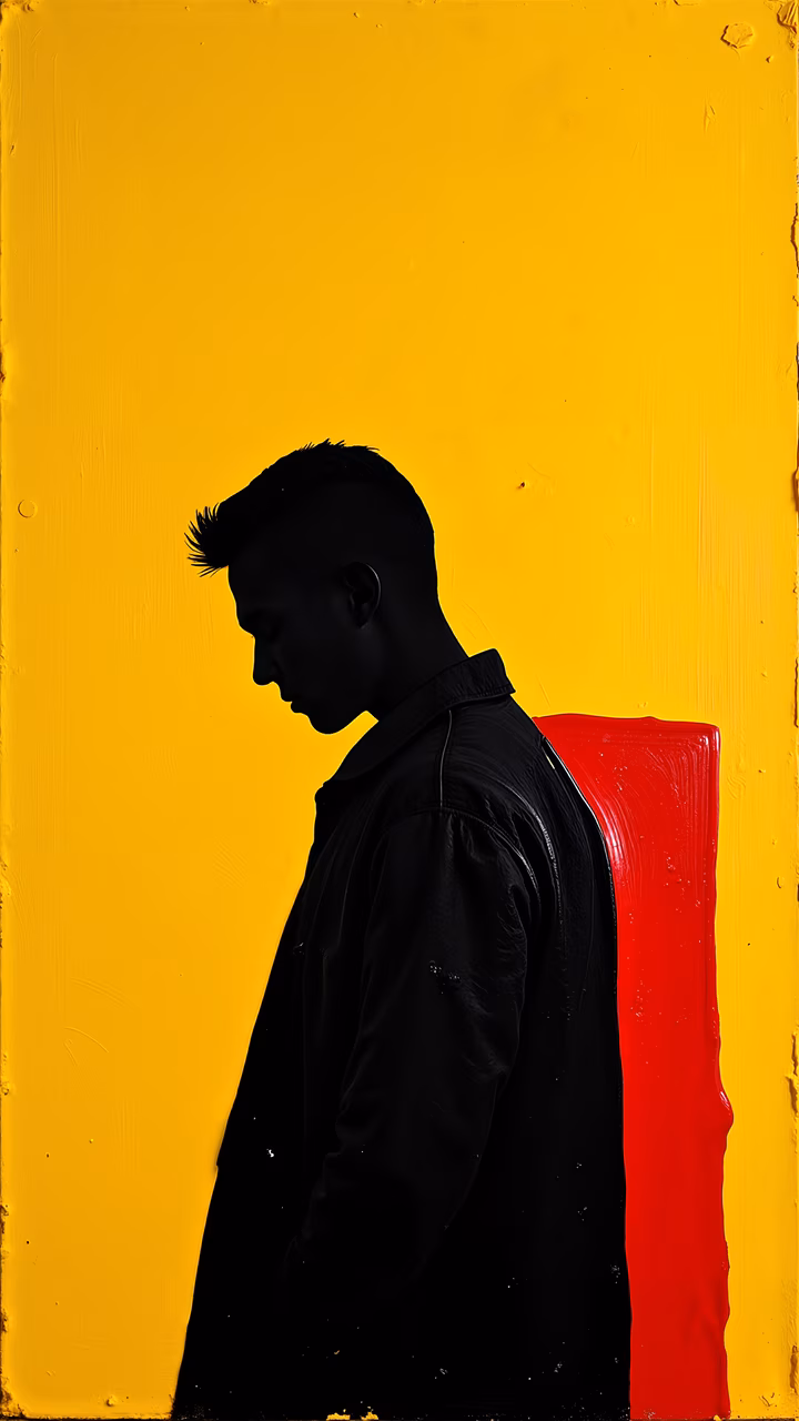 Silhouette portrait against a bright yellow background with a red accent, evoking mystery and introspection.