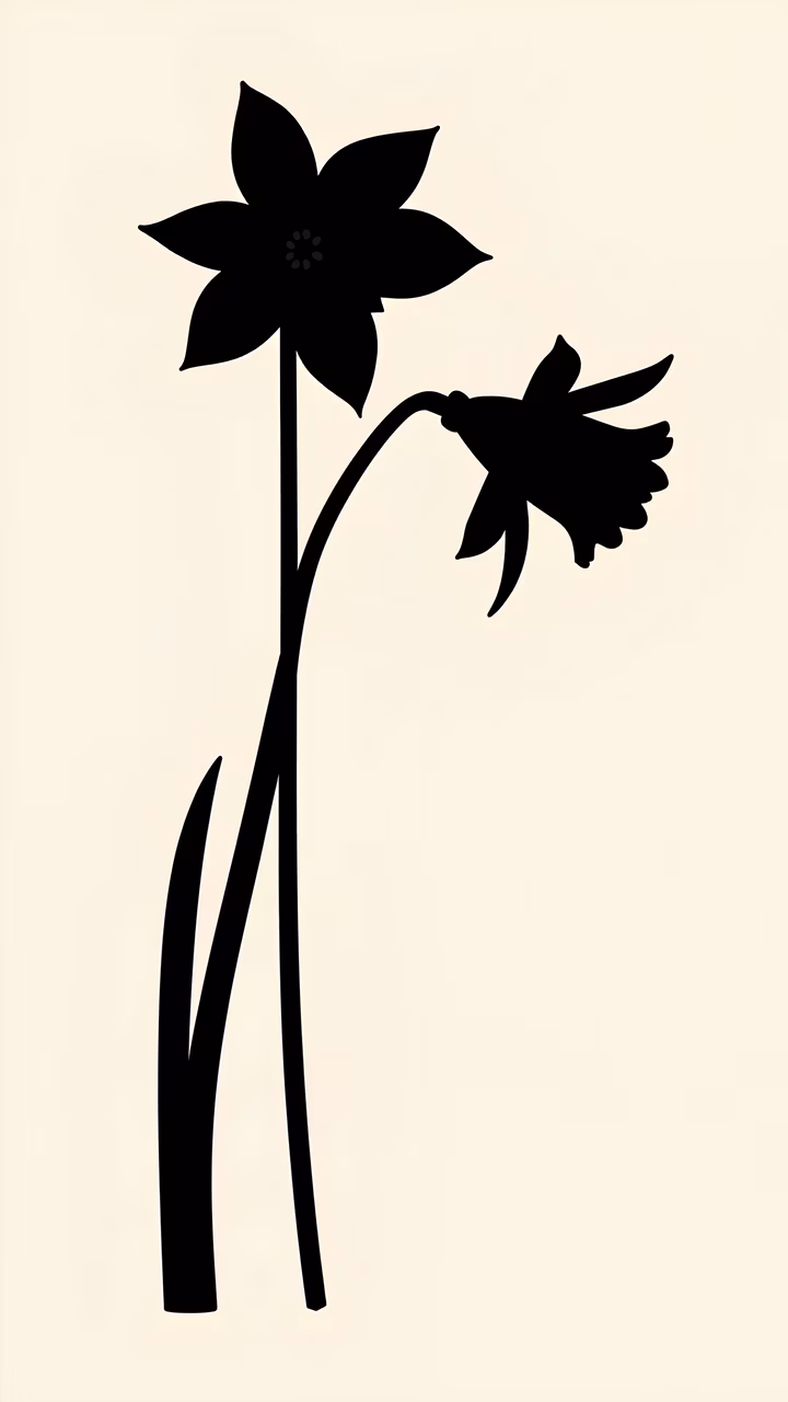 Minimalist floral silhouette illustration featuring two stylized flowers against a neutral background.