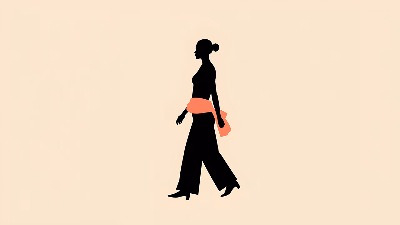 Minimalist silhouette of a woman walking with an elegant posture and vibrant orange scarf.