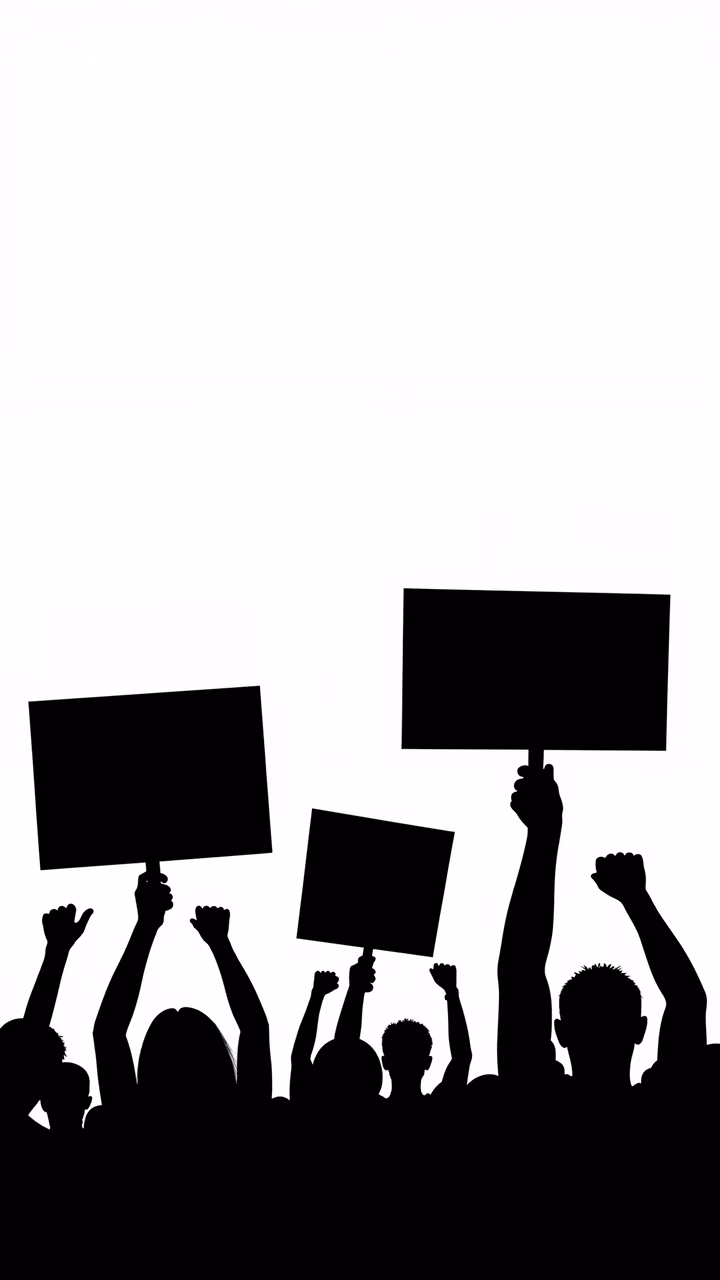 Silhouetted protesters holding signs, symbolizing unity and activism.