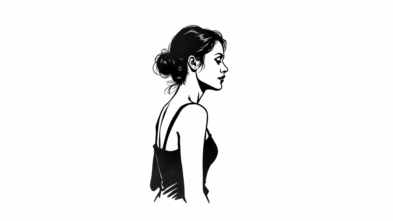 Elegant black-and-white silhouette of a woman, fashion illustration.