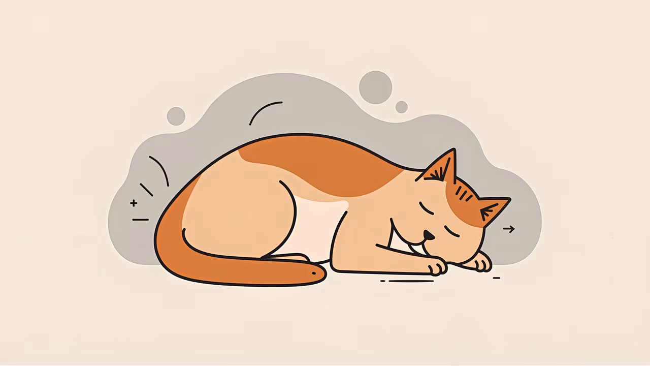 A serene illustration of a sleeping cat with warm tones and simple lines.