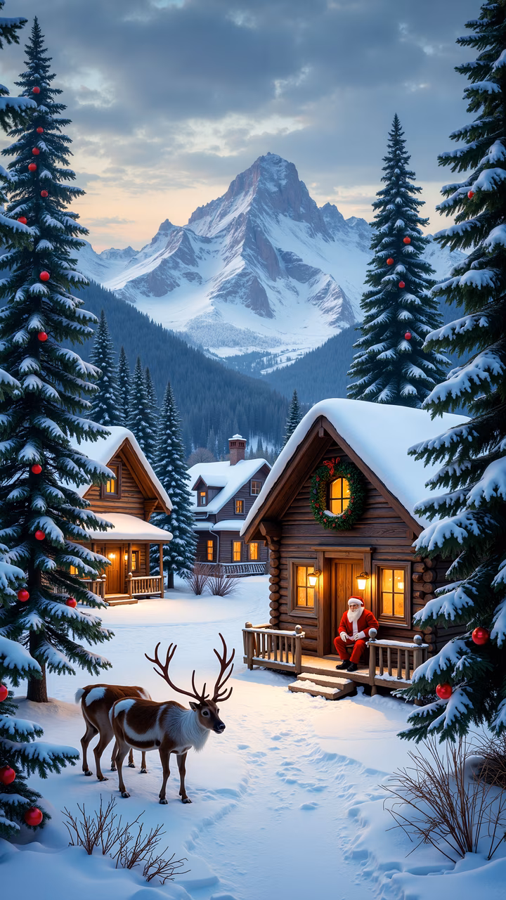 Santa Claus greets visitors at a snowy cabin surrounded by reindeer and festive decorations.