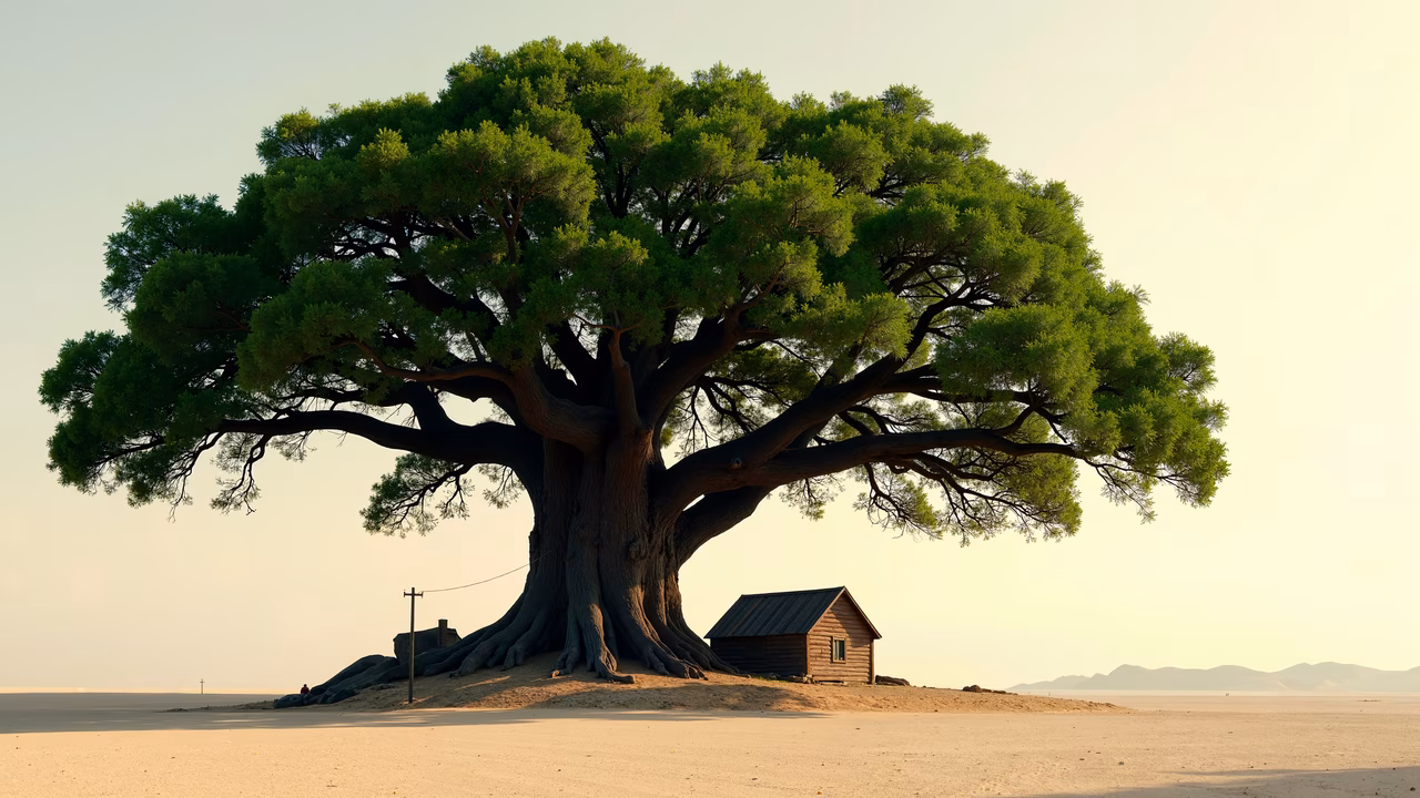 A solitary tree and a small cabin in a serene, natural setting.