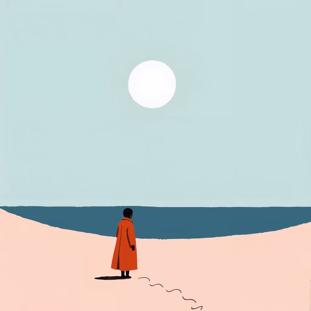 A solitary figure in a red coat under a full moon, symbolizing introspection and solitude.