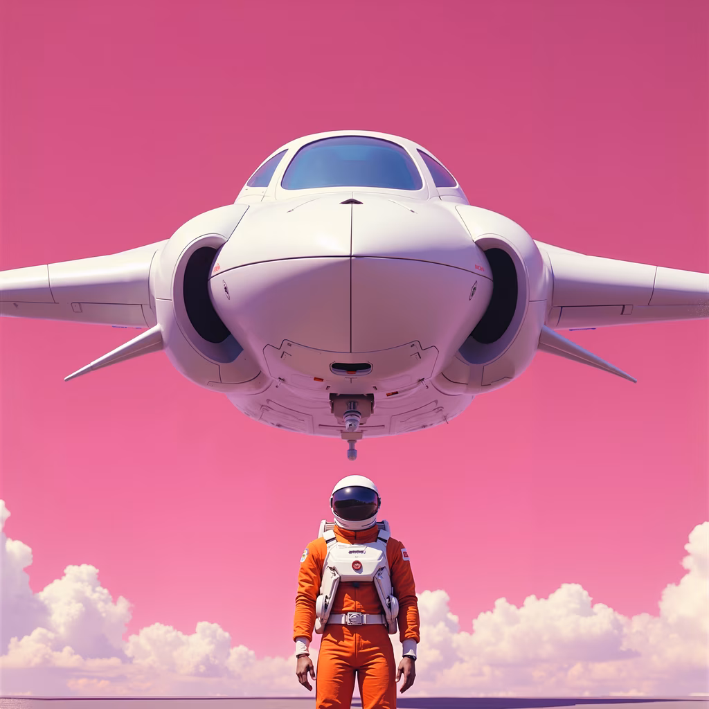 Astronaut under futuristic spaceship in a surreal pink sky.
