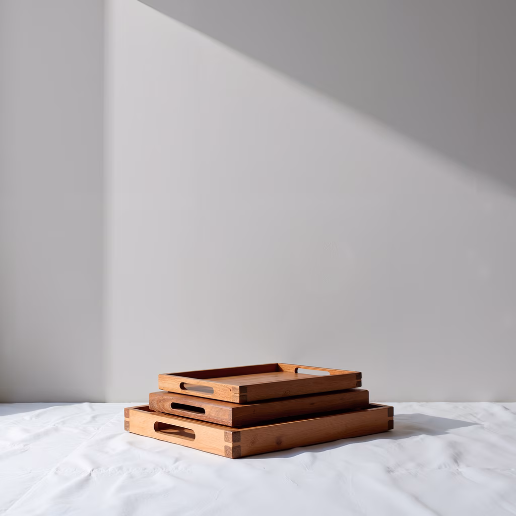 Stacked wooden trays against a minimalist white backdrop, evoking tranquility and simplicity.