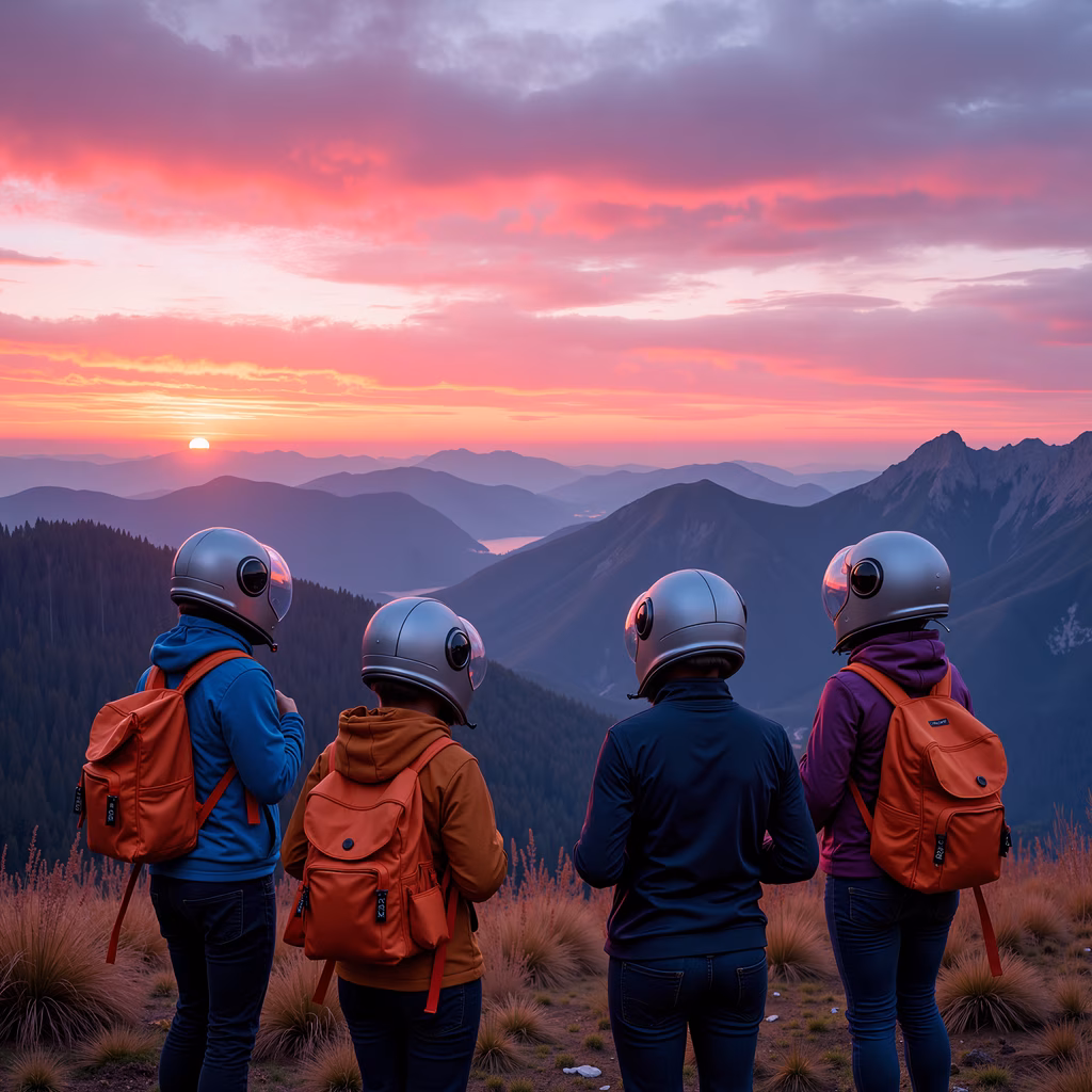 Four adventurers enjoying a stunning sunset over mountains.