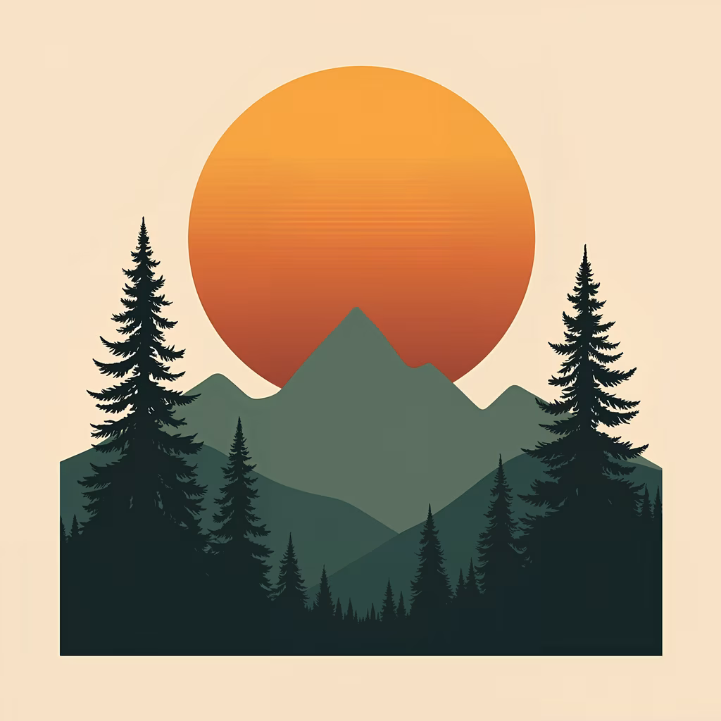 A tranquil sunset over a mountainous landscape with silhouetted pine trees.