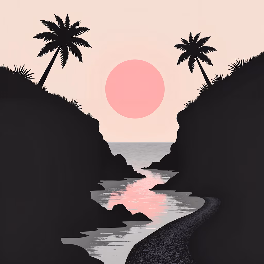 A peaceful sunset scene with palm trees and rocky cliffs.