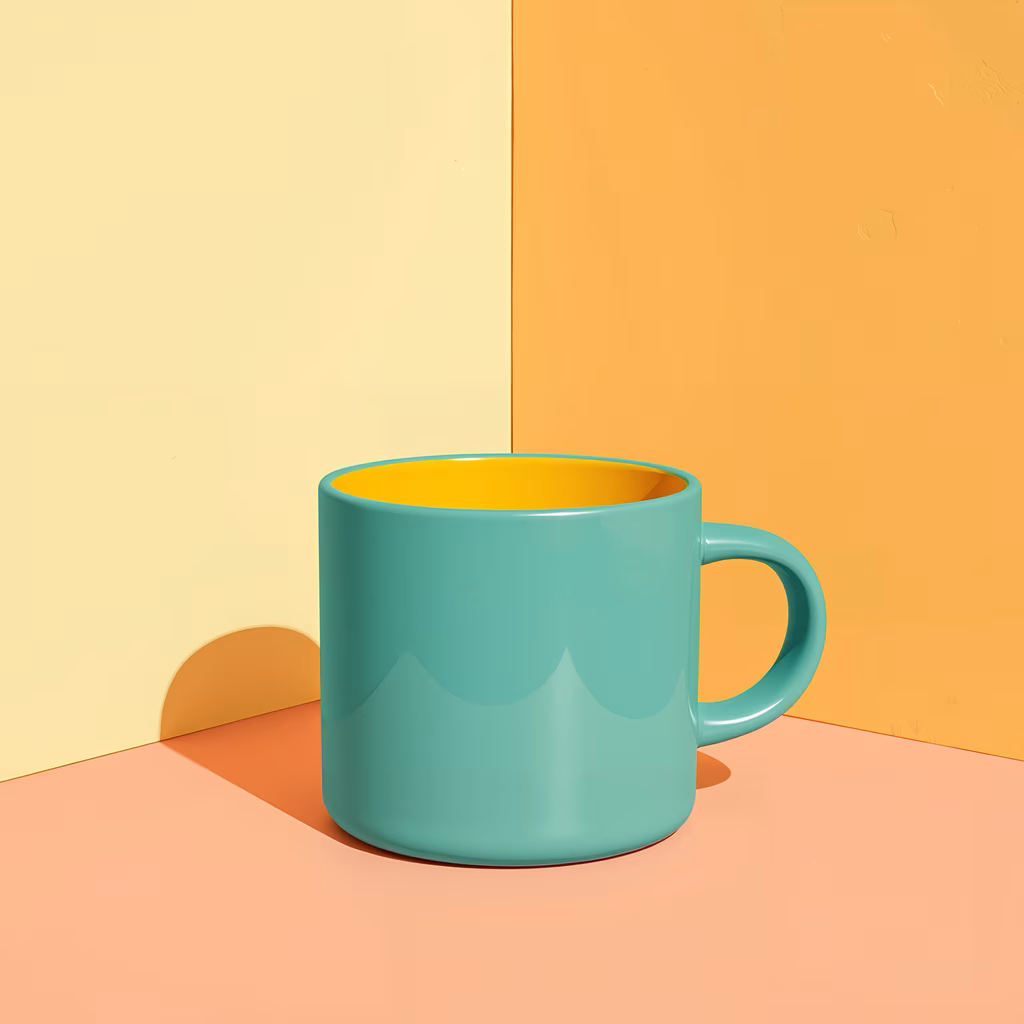 Vibrant teal mug with yellow interior on a pastel background.