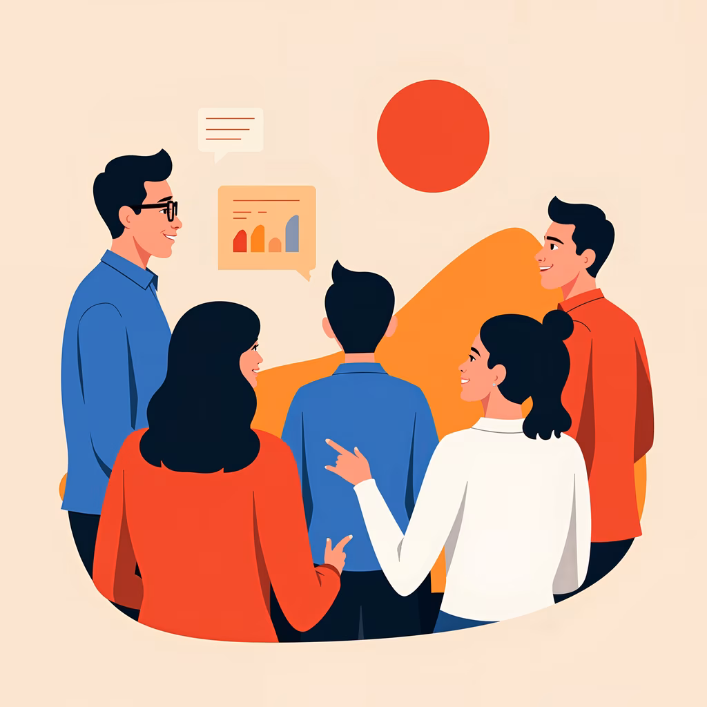 A dynamic illustration of a team collaborating in a professional environment.