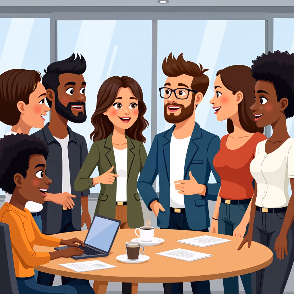Dynamic team meeting illustration showcasing collaboration and professionalism.