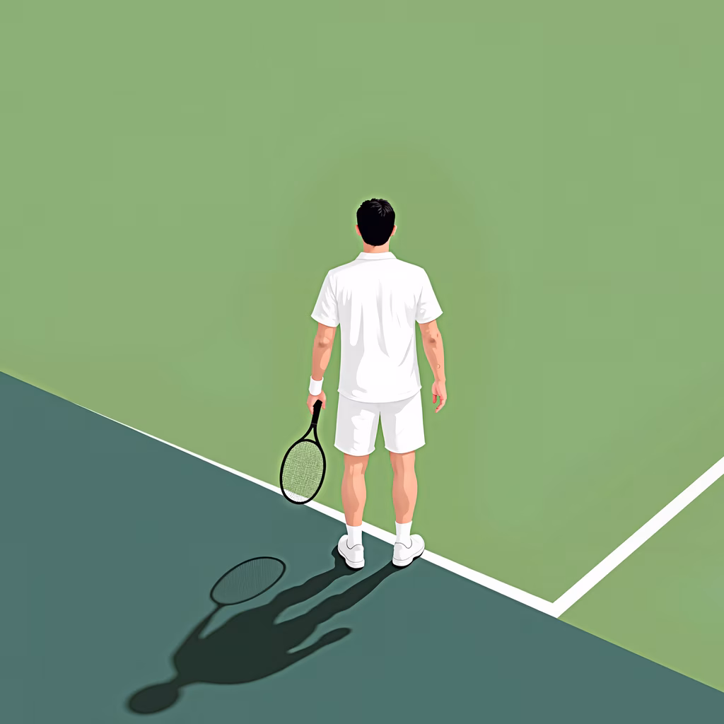 Minimalist tennis player illustration on court, ready for action.