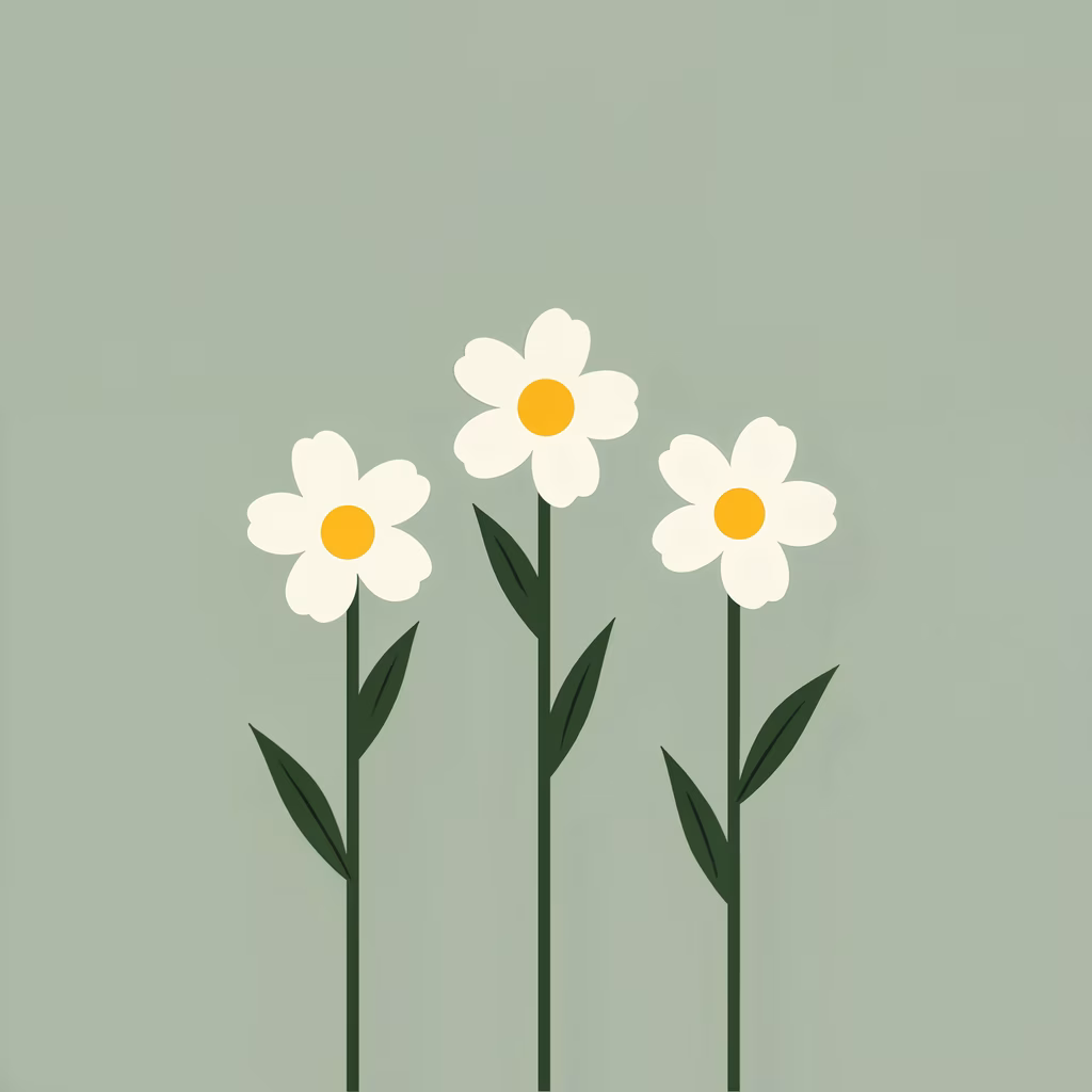 Minimalist illustration of three daisies on a green background.