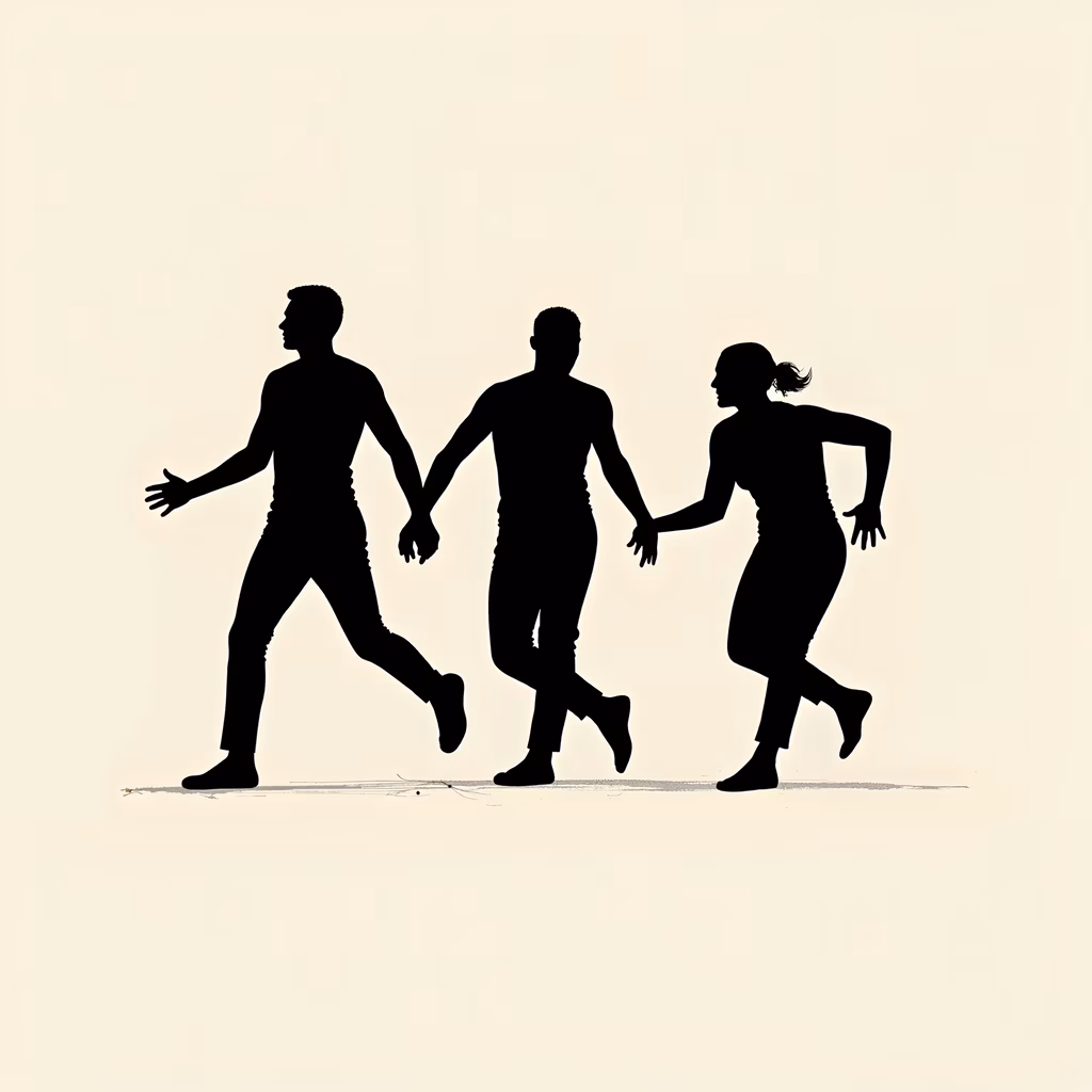 Three friends walking hand-in-hand, symbolizing unity and companionship.