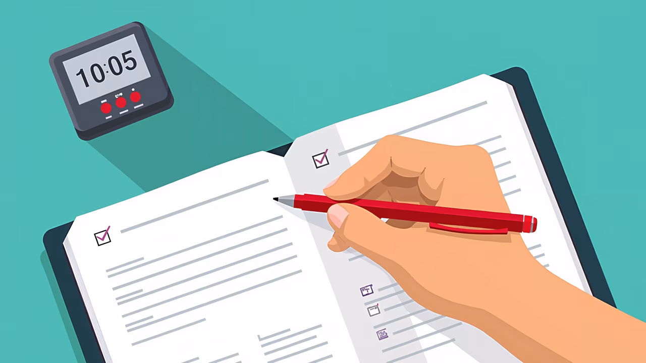 Hand marking a checklist with a red pen, emphasizing time management and organization.