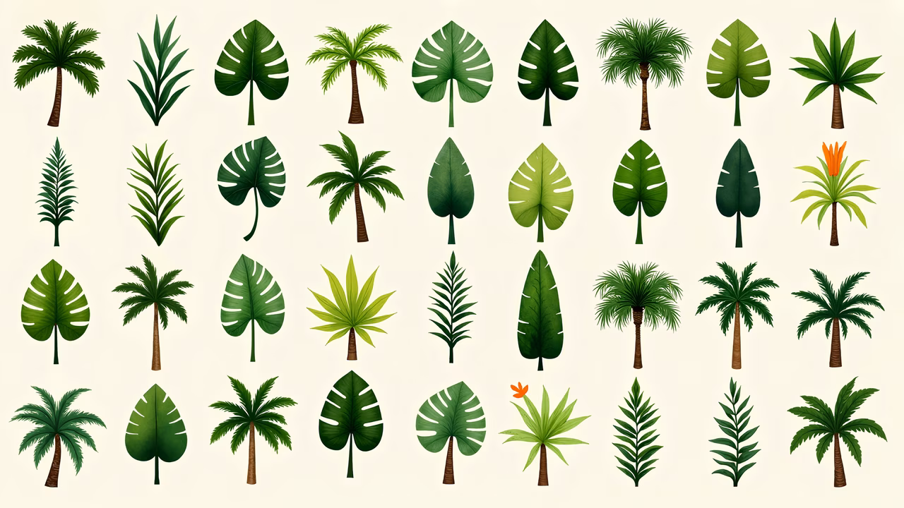Vibrant tropical leaves illustration featuring diverse plant species in a modern design.