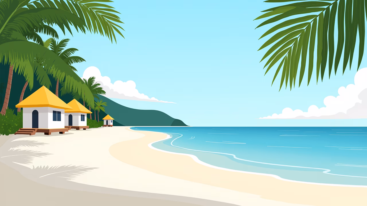 A tranquil tropical beach with palm trees and beach huts under a sunny sky.