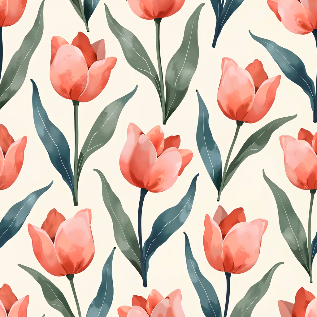 Vibrant tulip pattern with soft pink hues and lush green leaves on a neutral beige background.