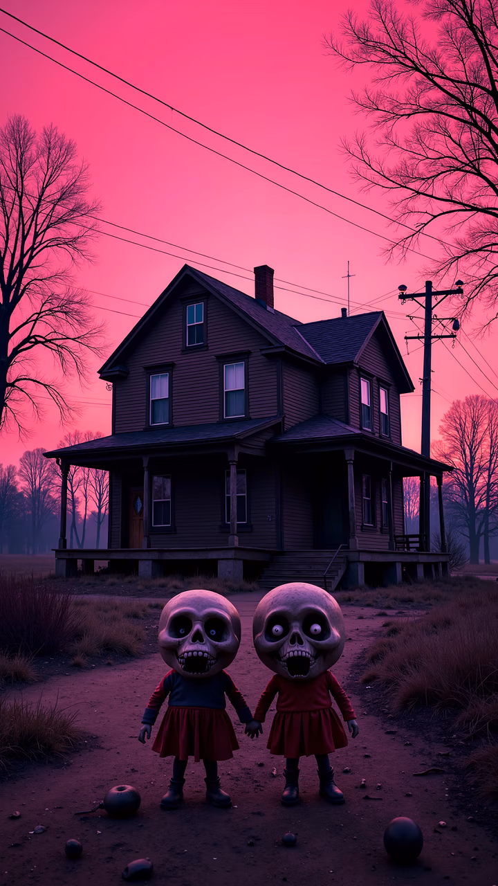 Eerie Halloween illustration featuring skeletal figures in front of an abandoned house under a pink sky.