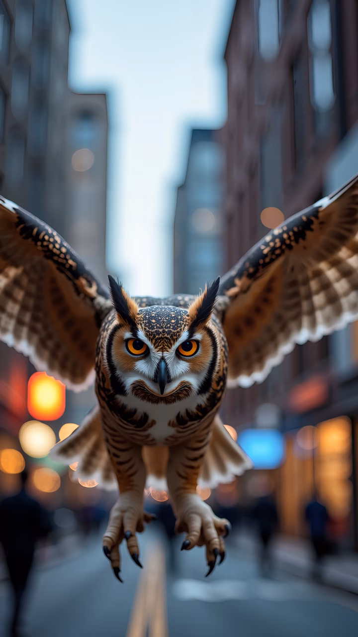 A detailed urban owl illustration with vibrant colors and dynamic lighting.