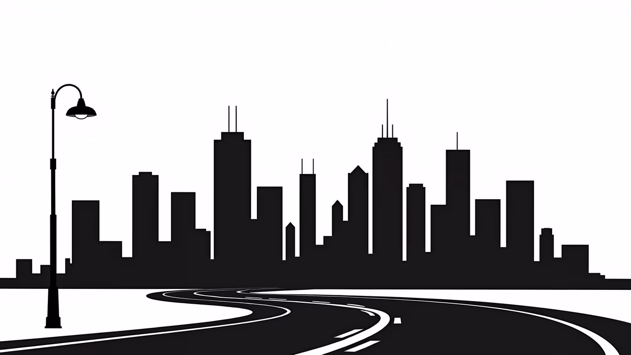 Black-and-white illustration of a city skyline with a winding road and a streetlamp.