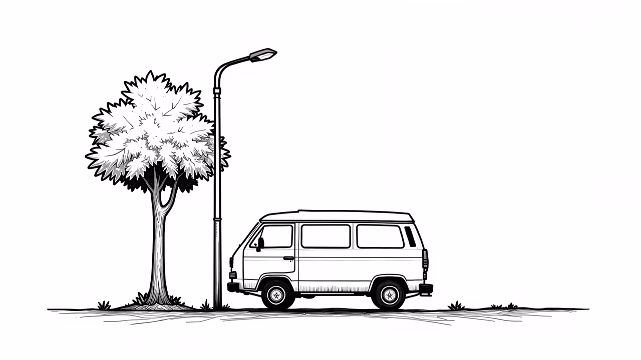 Vintage van under a lush tree, minimalist black-and-white illustration.