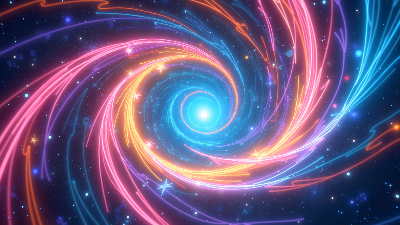 Vibrant neon swirls in a cosmic night sky, abstract art.