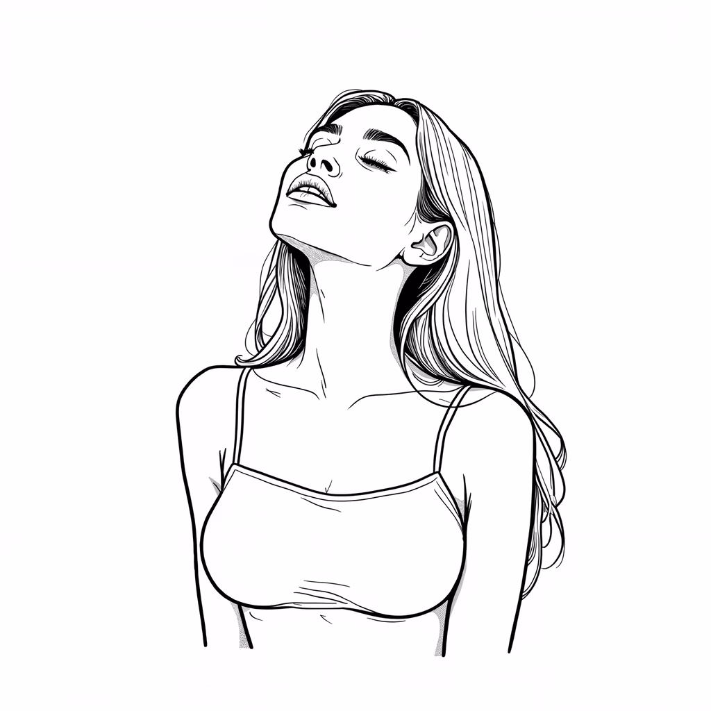 Black-and-white illustration of a woman in a bra, emphasizing relaxation and elegance.