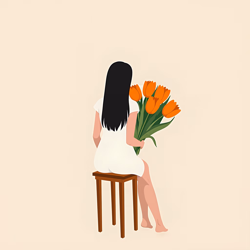 Minimalist illustration of a woman holding tulips, evoking quiet contemplation.