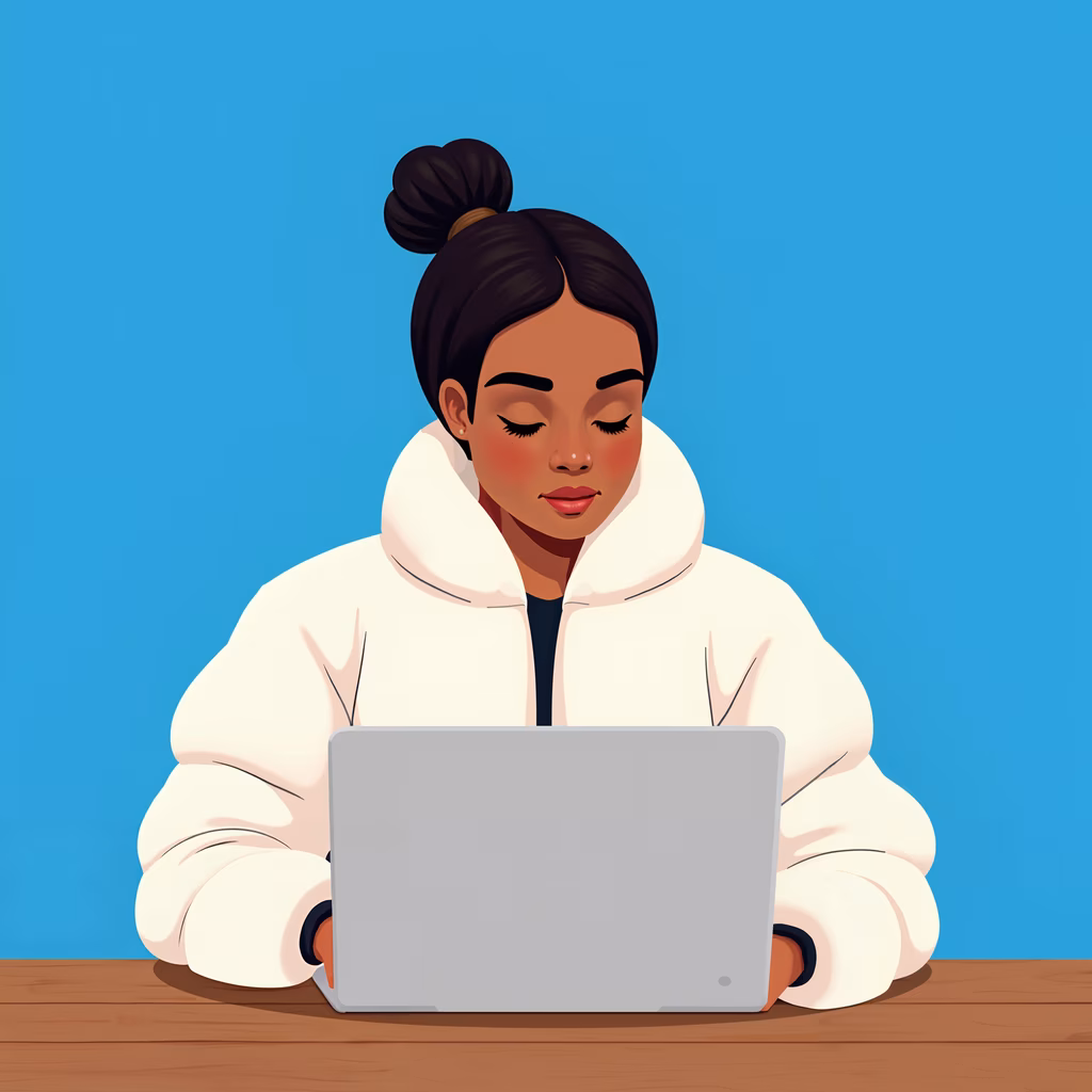 Casual digital illustration of a woman working on her laptop against a vibrant blue background.