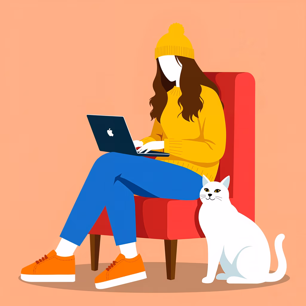 Woman working on laptop with cat, cozy and productive atmosphere.
