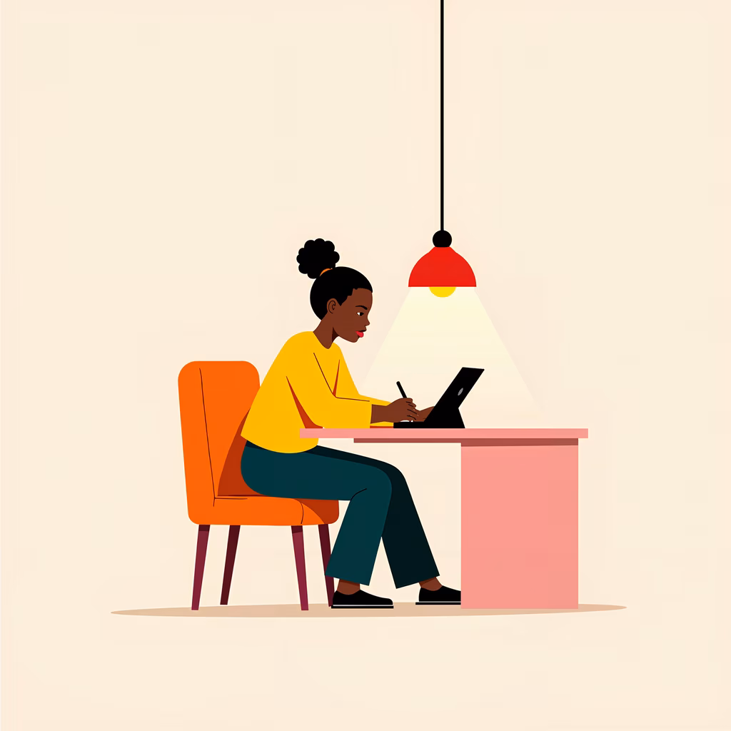 A focused woman working under warm, red light in a cozy workspace.