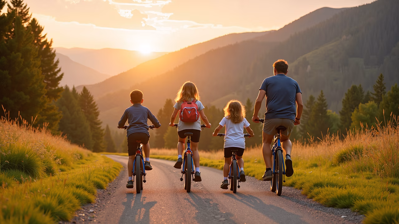 A family of four cycling together at sunset, enjoying a peaceful moment in nature.